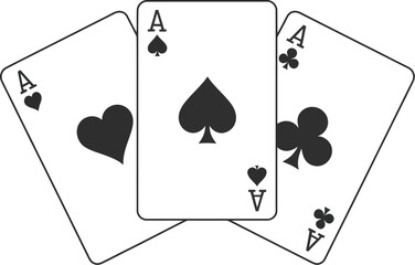 Three aces playing cards with hearts spades and clubs in black and white