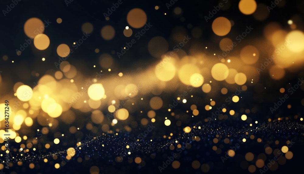 Poster defocused lights and bokeh with gold sparkles and glitter on a dark background. a stunning visual di