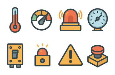 Child-Friendly Safety Icons. Flat vector mini-illustrations industrial safety gauges in colors children's