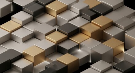 Luminous Cubescape of Gold, Silver, and Anthracite Metallic Blocks