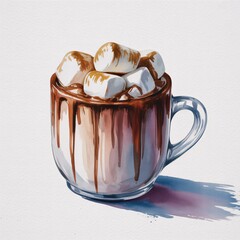 Marshmallow Dreams: An inviting mug of rich, decadent hot chocolate overflows with fluffy marshmallows, drizzled with a cascade of melted chocolate, promising warmth and sweet indulgence.