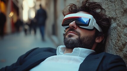 Person wearing virtual reality glasses rests outdoors.