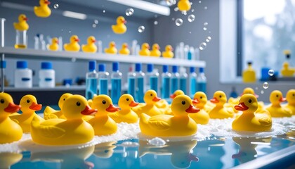 Yellow Rubber Ducks Floating in Water with Bubbles