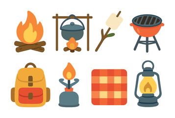 Camping Essentials Icons. Flat vector mini-illustrations Outdoor cooking and camping meals in colors