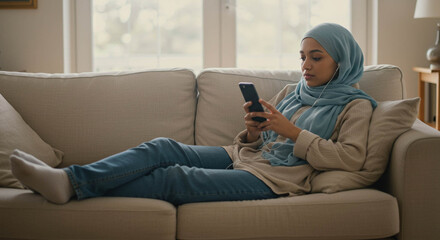 Obraz premium Woman in Hijab Relaxing on Couch Using Smartphone
