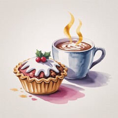 Watercolor Christmas Feast: A delightful watercolor painting presents a festive scene, featuring a scrumptious cake with holly berries and a steaming cup, radiating warmth and holiday cheer.