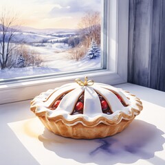 Cherry Pie by the Window: A mouthwatering cherry pie, adorned with a lattice crust and ruby-red filling, rests on a windowsill. The backdrop reveals a serene.