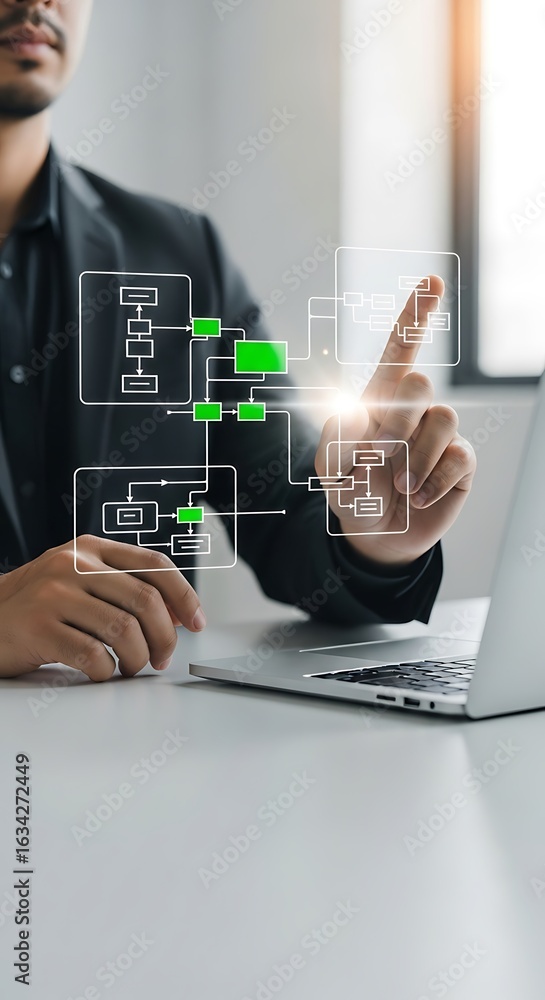 Poster professional businessman interacting with digital flowchart, optimizing business processes and enhan