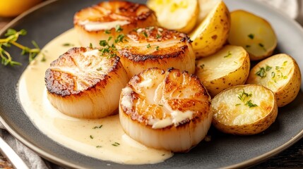 Grilled Scallops with Roasted Potatoes and Cream Sauce on Plate
