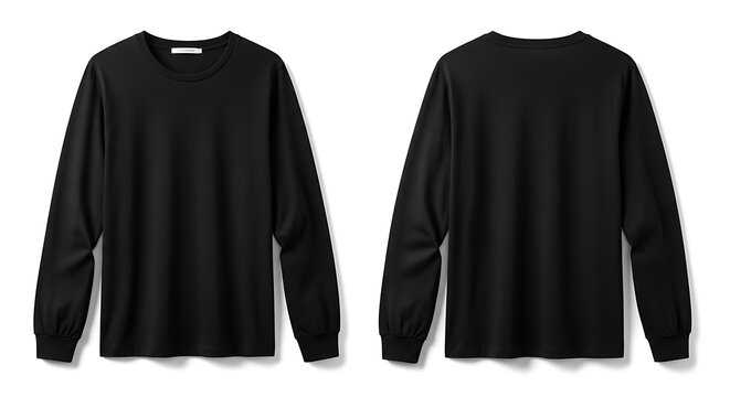 Black longsleeve tshirt mockup, front and back view, isolated on white background