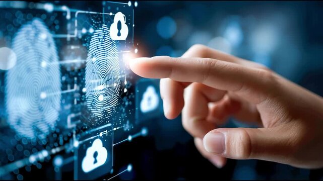 A hand with an extended index finger touches a virtual fingerprint panel. Security and data. The process of scanning a fingerprint for authentication or data access.