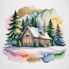 Cozy Watercolor Cabin in Winter: A charming watercolor scene of a snow-covered cabin nestled among evergreen trees, capturing the serene beauty of a winter landscape.