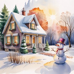 Winter Wonderland Cottage: A charming watercolor depiction of a snow-covered cottage, nestled in a serene winter landscape alongside a smiling snowman, radiating a sense of holiday cheer.