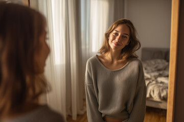 Dziewczyna uśmiecha się do siebie w lustrze tuż po przebudzeniu. To jej codzienny rytuał, który pomaga zacząć dzień z pozytywną energią i pewnością siebie.