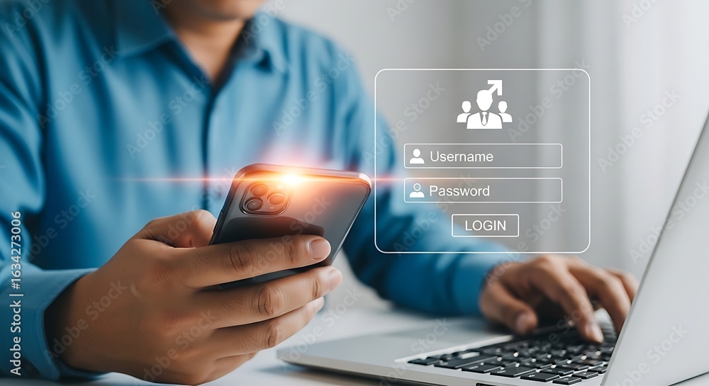 Poster modern businessman securely accessing digital platform via smartphone and laptop, emphasizing online