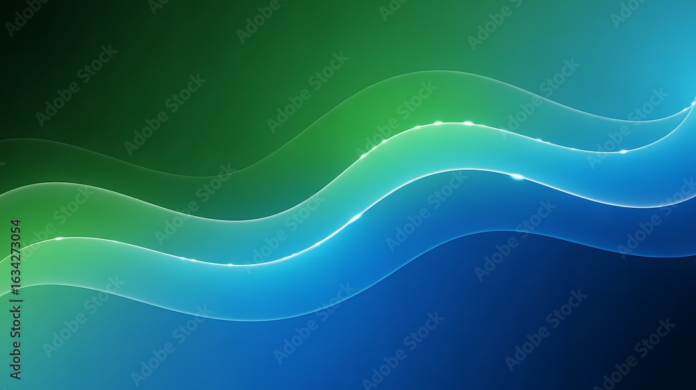 Poster smooth wavy lines with soft glow on green blue gradient