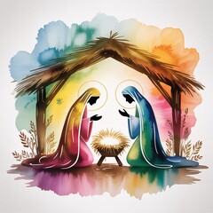 Watercolor Nativity Scene: A tender watercolor painting depicts the holy family in a humble manger, a symbol of hope and faith. This artistic piece, rich in color.
