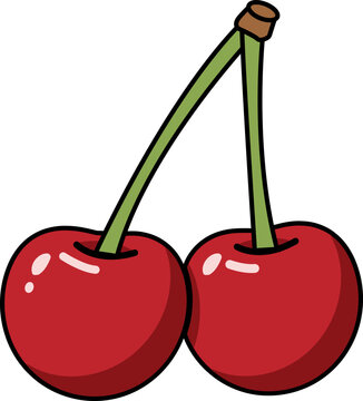 Vector art of cartoon red cherries with stems isolated on white background