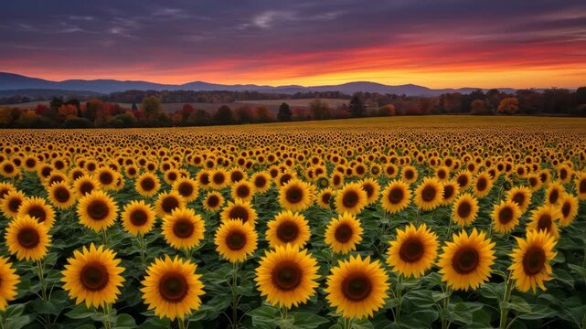 Sunflowers at Sunset - A vast field of sunflowers stretches to the horizon, bathed in the warm, vibrant glow of a breathtaking sunset.