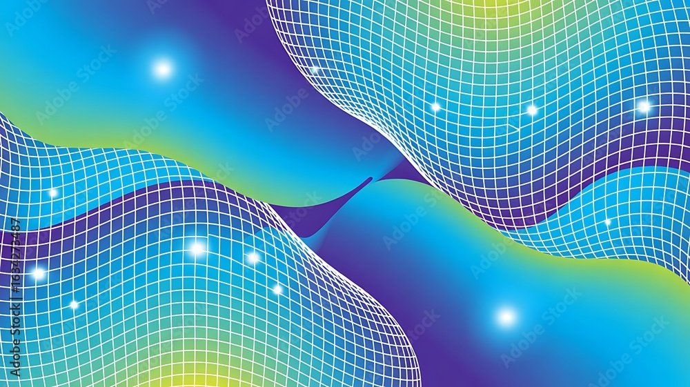 Poster wavy grid forms with bright sparkles on gradient background