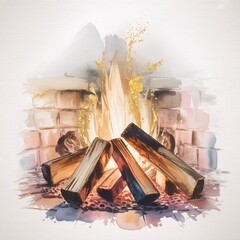Cozy Fireplace Watercolor: A warm, inviting watercolor painting captures the essence of a crackling fireplace. Wooden logs, embers, and flames, creating a scene of warmth and tranquility.