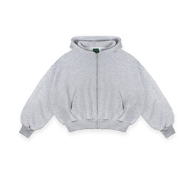 Light grey melange cotton hoodie sweatshirt with long sleeves, pocket, zipper, mockup, isolated. Blank label. Flat lay, front view. Clothes template for advertising, design, branding, text, print.
