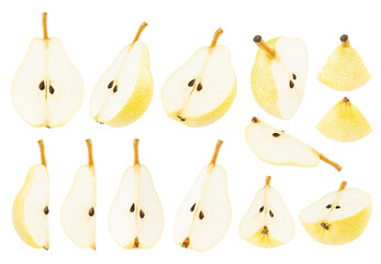Yellow ripe cut pear fruit assortment, isolated on white background, closeup. Juicy fresh golden pears halves and quarters from different sides, studio shot. Healthy fruit set for advertising, design.
