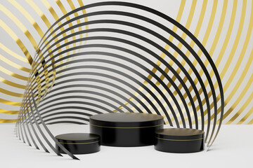 White abstract stage mockup - three polish black round podiums, sleek golden lines, dynamic spiral pattern on white. 3D rendering. Stylish scene for presentation product, showing cosmetic, displaying.