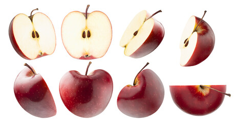 Juicy red apples rich set, bright red apples cut on half, with tails, seeds, different sides, studio shot, isolated on white background. Summer fresh natural fruits as design elements.