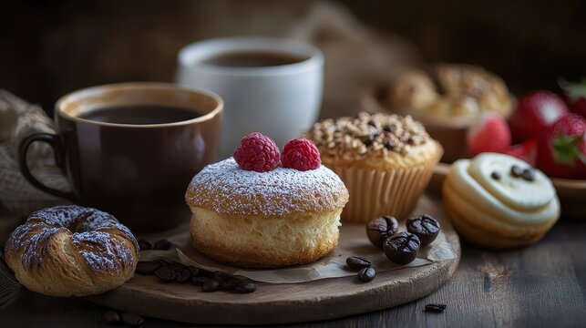Freshly Baked Pastries with Coffee and Strawberries on Rustic Table