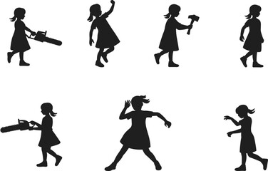 Silhouettes of a child in dress and ponytail holding chainsaw and hammer, dancing, walking, and posing in dynamic action silhouettes