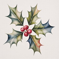 Holly Berries and Leaves: Close-up illustration of the elegant holly with vibrant red berries and detailed green leaves, evoking the festive season.