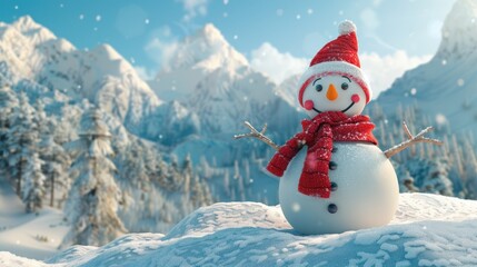Obraz premium Cheerful snowman amidst serene winter wonderland mountain backdrop, creating joy