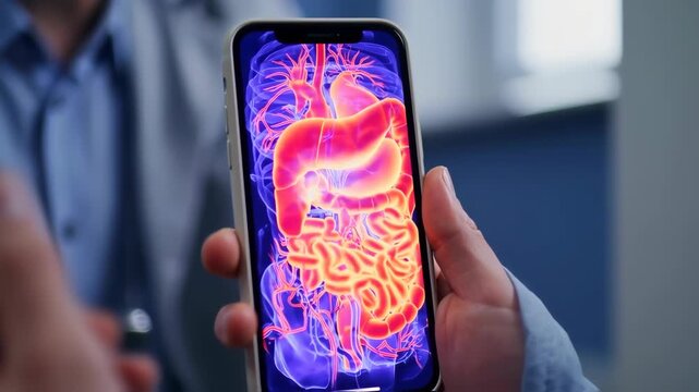 Smartphone displays 3D model of human digestive system