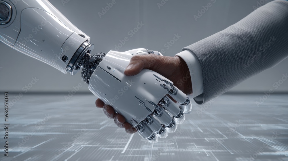 Poster handshake between human and robot symbolizing collaboration in technology and innovation in a futuri