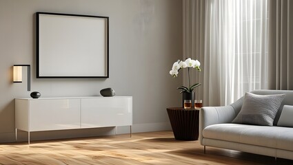 Modern living room with white sideboard and orchid in a contemporary interior design