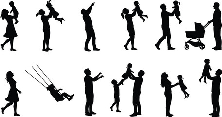 Silhouettes of adults and children in bonding moments—lifting, holding, reaching, swinging, and strolling—capturing care, play, and emotional connection