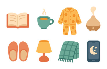 Children's Relaxation Icons. Flat vector mini-illustrations Evening relaxation routine in colors children's