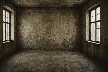 Obraz premium Empty grunge room with windows, weathered walls, and concrete floor