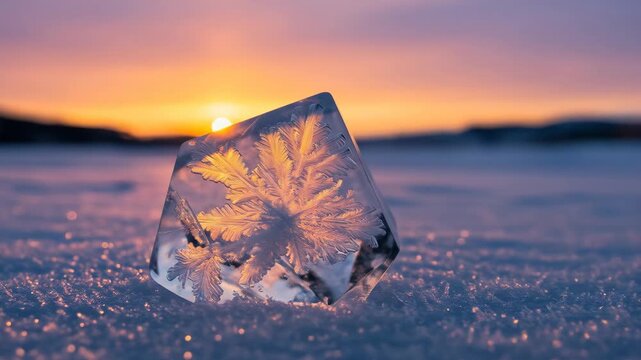 Frozen Snowflake at Sunset - A crystalline ice cube containing a delicate snowflake rests on a snowy surface, backlit by a vibrant sunset.