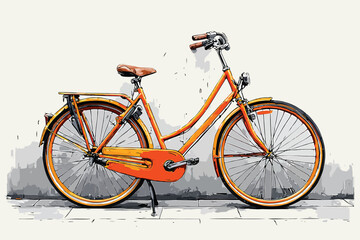Fototapeta premium Orange bicycle against a minimalist grey wall isolated