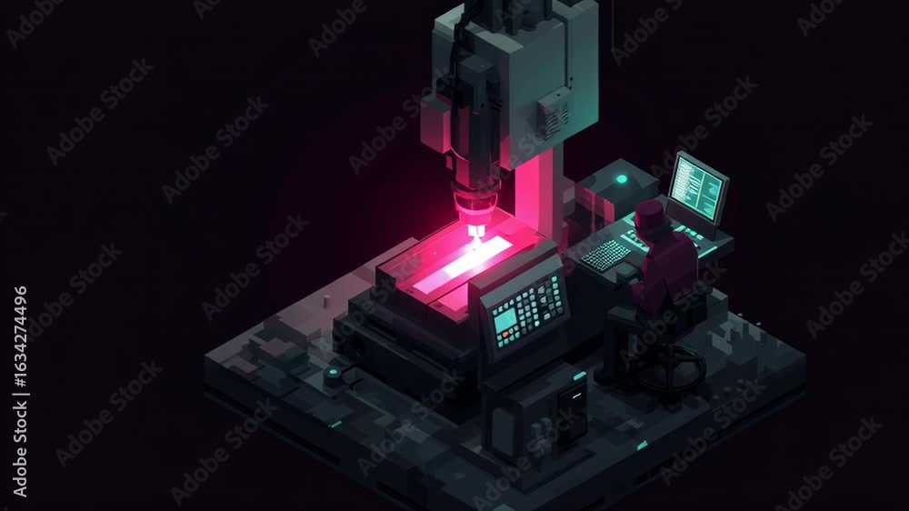 Poster isometric illustration showcasing cnc machining process with detailed machinery and user interaction