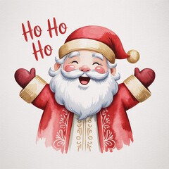 Joyful Santa's Festive Greetings: A cheerful portrayal of jolly Santa Claus, exuding holiday spirit with a watercolor illustration. Santa Claus is depicted smiling, hands wide open.