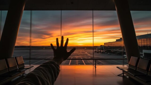 Sunset Departure - A person's hand reaches towards a vibrant sunset viewed through the large windows of an airport terminal.