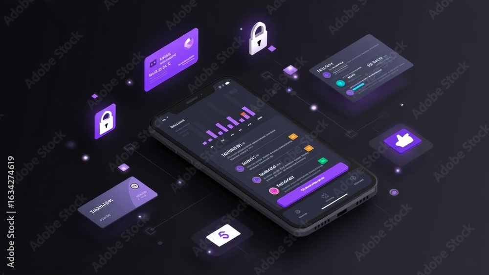 Poster isometric illustration of digital banking interface showcasing secure transactions and user analytic