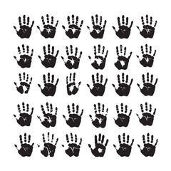  A black and white grid pattern of 20 handprints arranged in 8 rows of 5 prints each. 