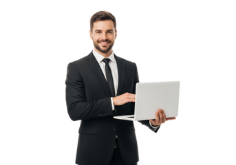 Smiling handsome businessman in black suit holding and using laptop computer while standing isolated on transparent background