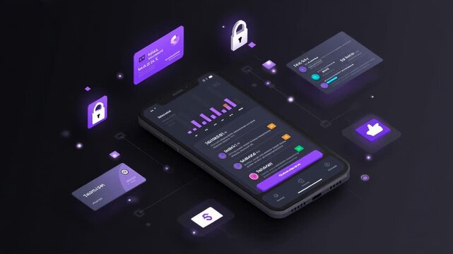 Isometric illustration of digital banking interface showcasing secure transactions and user analytics features