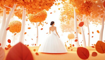 Beautiful Bride Delights In Strolling Through The Autumn Woods, Embracing The Stunning Scenery And Serenity Of The Season.