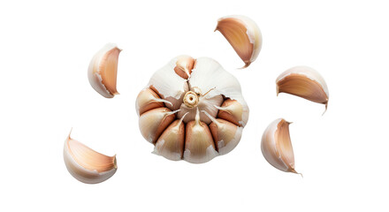 Naklejka premium Garlic Bulb with Cloves, Isolated. A whole garlic bulb with several cloves detached. The bulb is mostly white with some light brown hues, and the cloves have similar coloration.